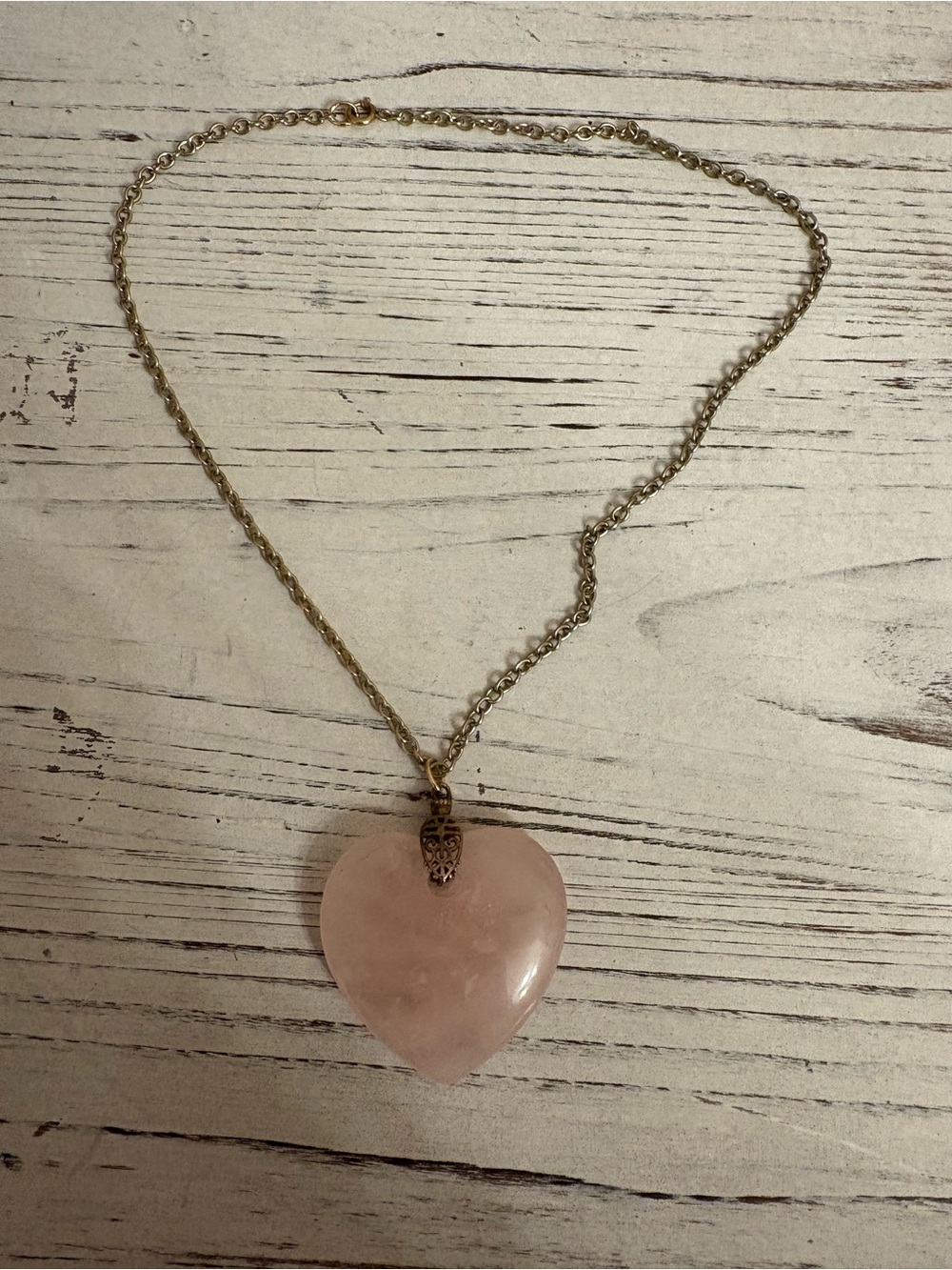 Rose Quartz Heart Pendant Necklace - Pink Gemstone on Gold Tone Chain